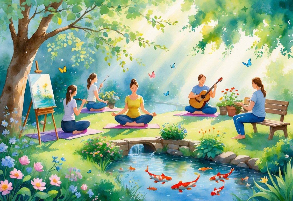 People enjoying hobbies like painting, yoga, playing guitar, and gardening in a peaceful garden with a stream and butterflies.