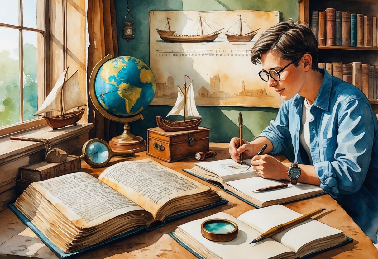 A cozy study room with a person sketching historical artifacts, surrounded by an ancient book, a globe, a magnifying glass, a model ship, and archaeology tools.