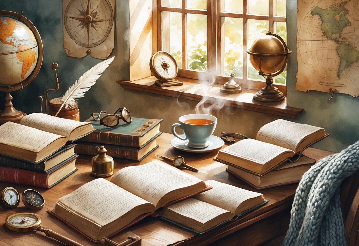 A cozy reading nook with historical books, antique artifacts, a globe, and a cup of tea on a wooden table next to a comfortable armchair.