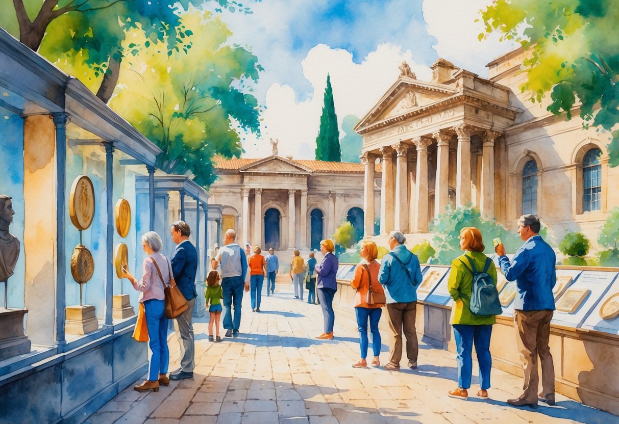 People visiting museums and historical buildings, observing artifacts and enjoying a guided tour in a peaceful outdoor setting.