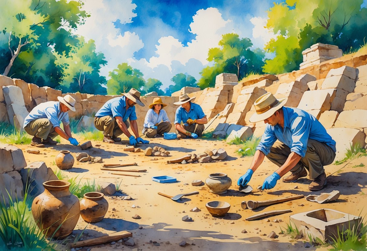 A group of people excavating ancient artifacts at an outdoor archaeological dig site surrounded by trees and ruins.