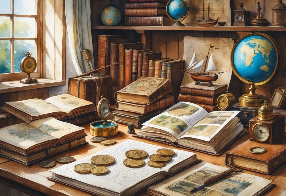 A cozy study room with a wooden table covered in antique coins, old maps, vintage postcards, aged books, a magnifying glass on a manuscript, a brass compass, sepia photographs, and shelves holding historical artifacts like a globe, quill pen, and model ship.