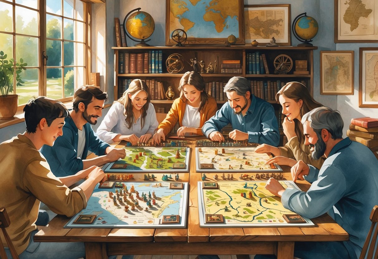 A group of people sitting around a table playing historical strategy board games with maps and miniature figures, surrounded by books and historical decorations.
