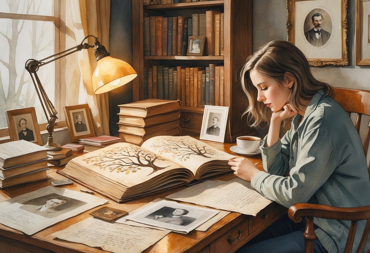 A person sitting at a desk surrounded by old photographs, books, and documents, examining a photo in a cozy study room.