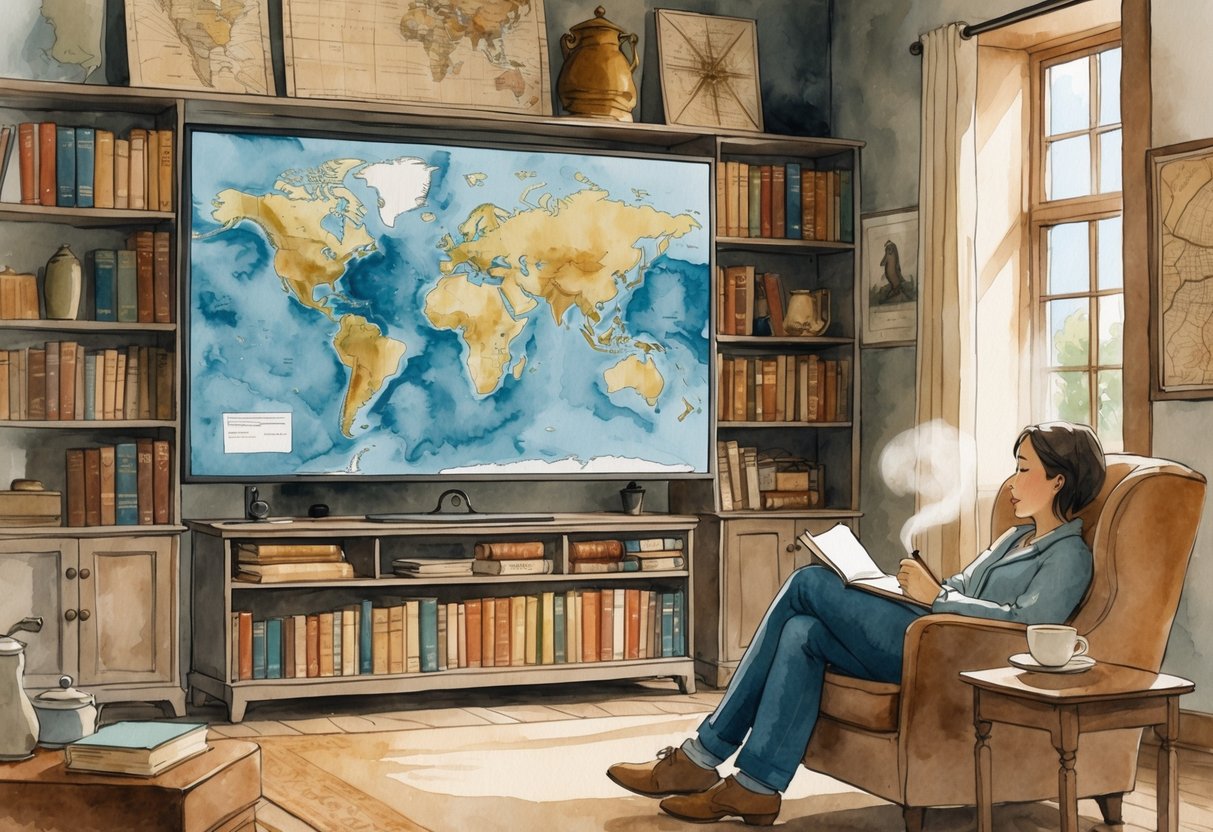 A person sitting in a cozy room watching a history documentary on a large screen, surrounded by books, maps, and historical artifacts.