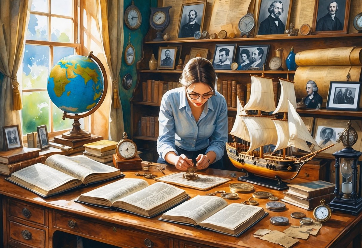 A cozy study room with a person assembling a model ship, surrounded by history books, maps, artifacts, a globe, and framed portraits.