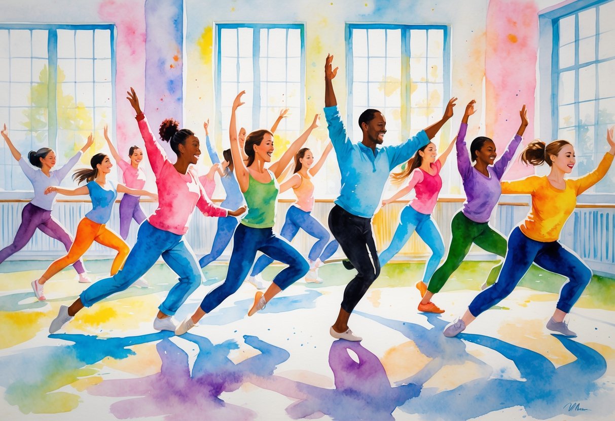 A group of diverse people dancing energetically together in a bright studio filled with natural light.