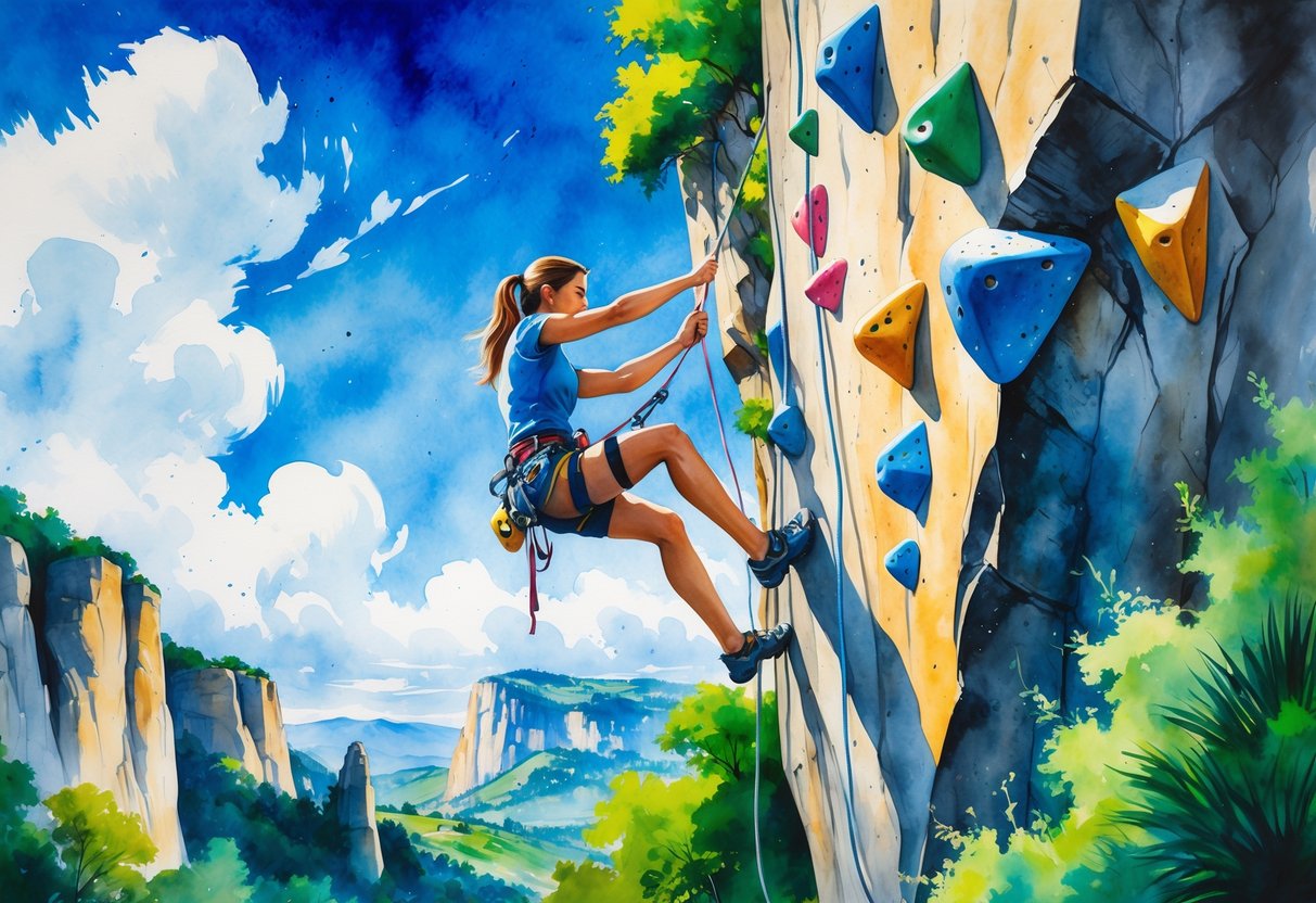 A person climbing a tall rock face outdoors with mountains and trees in the background.