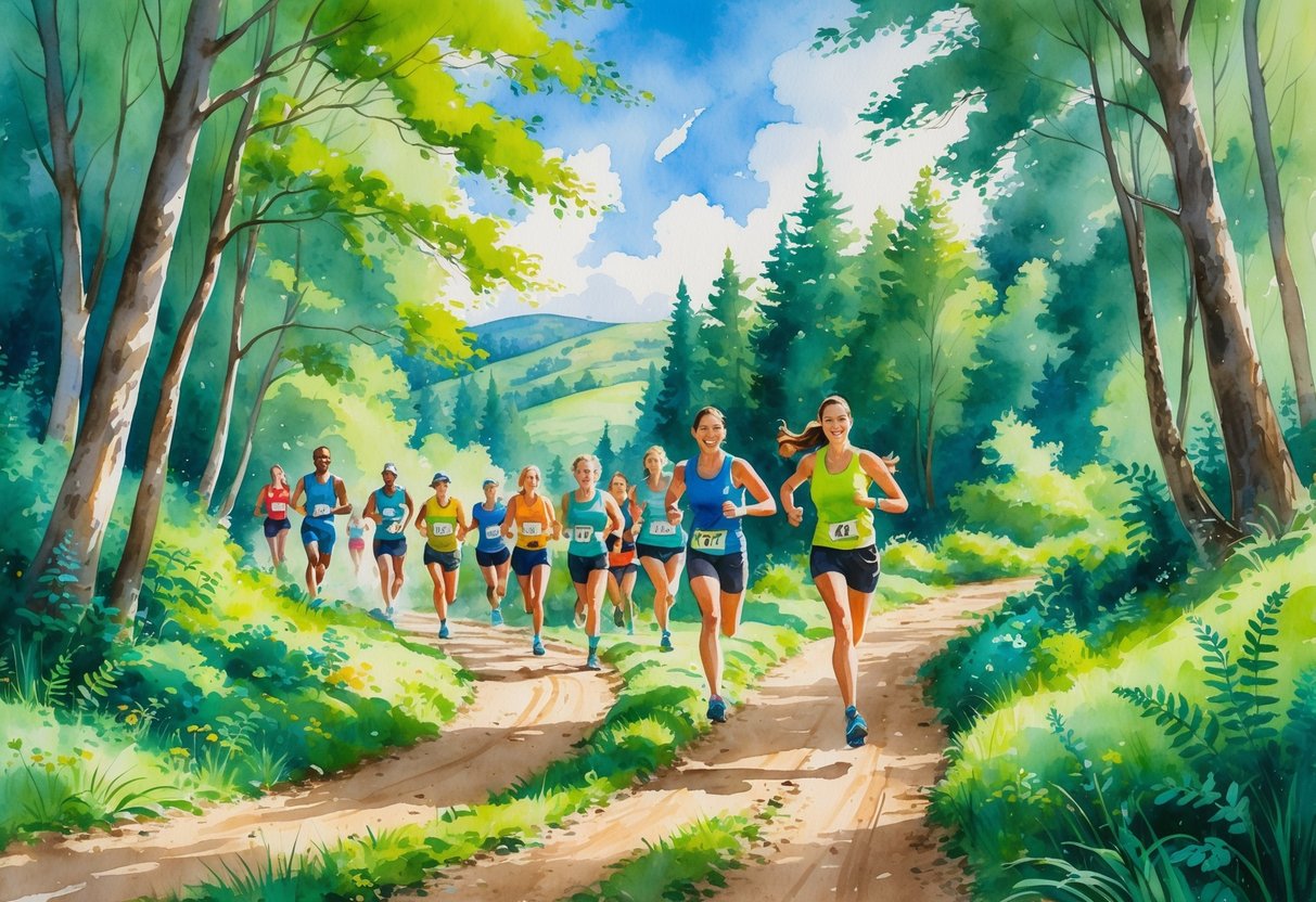 A group of people running on a forest trail surrounded by trees, wildflowers, and hills under a blue sky.