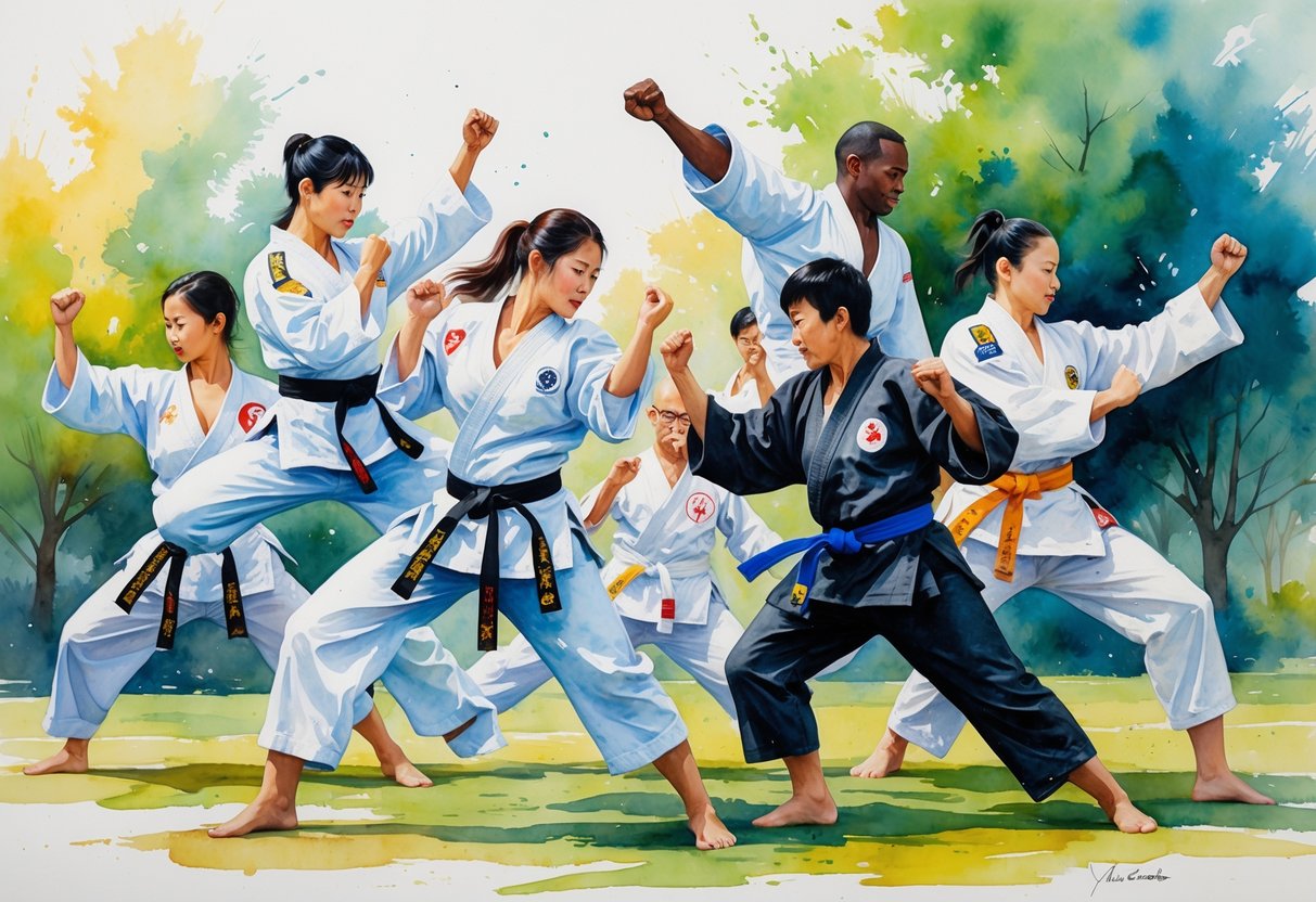 A group of people practicing various martial arts poses outdoors in a park.