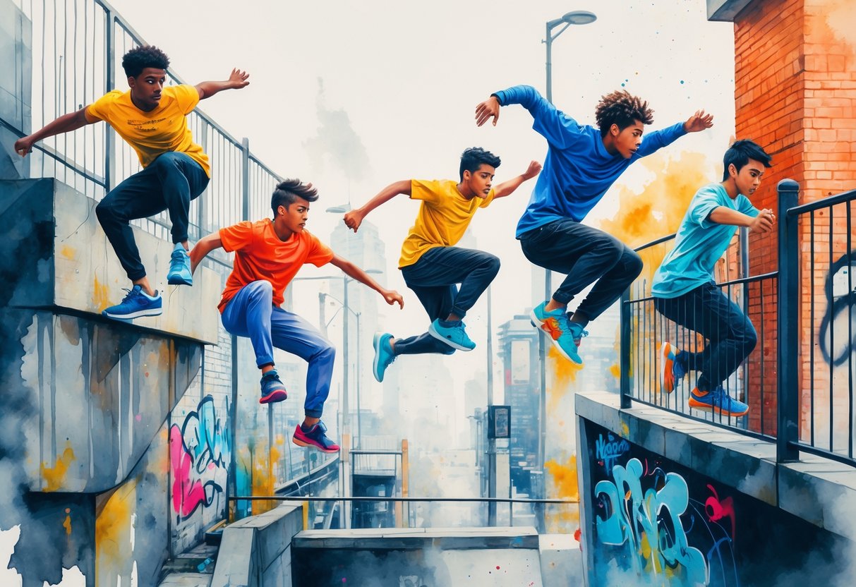 People performing parkour moves over urban structures like walls and railings in a city setting.