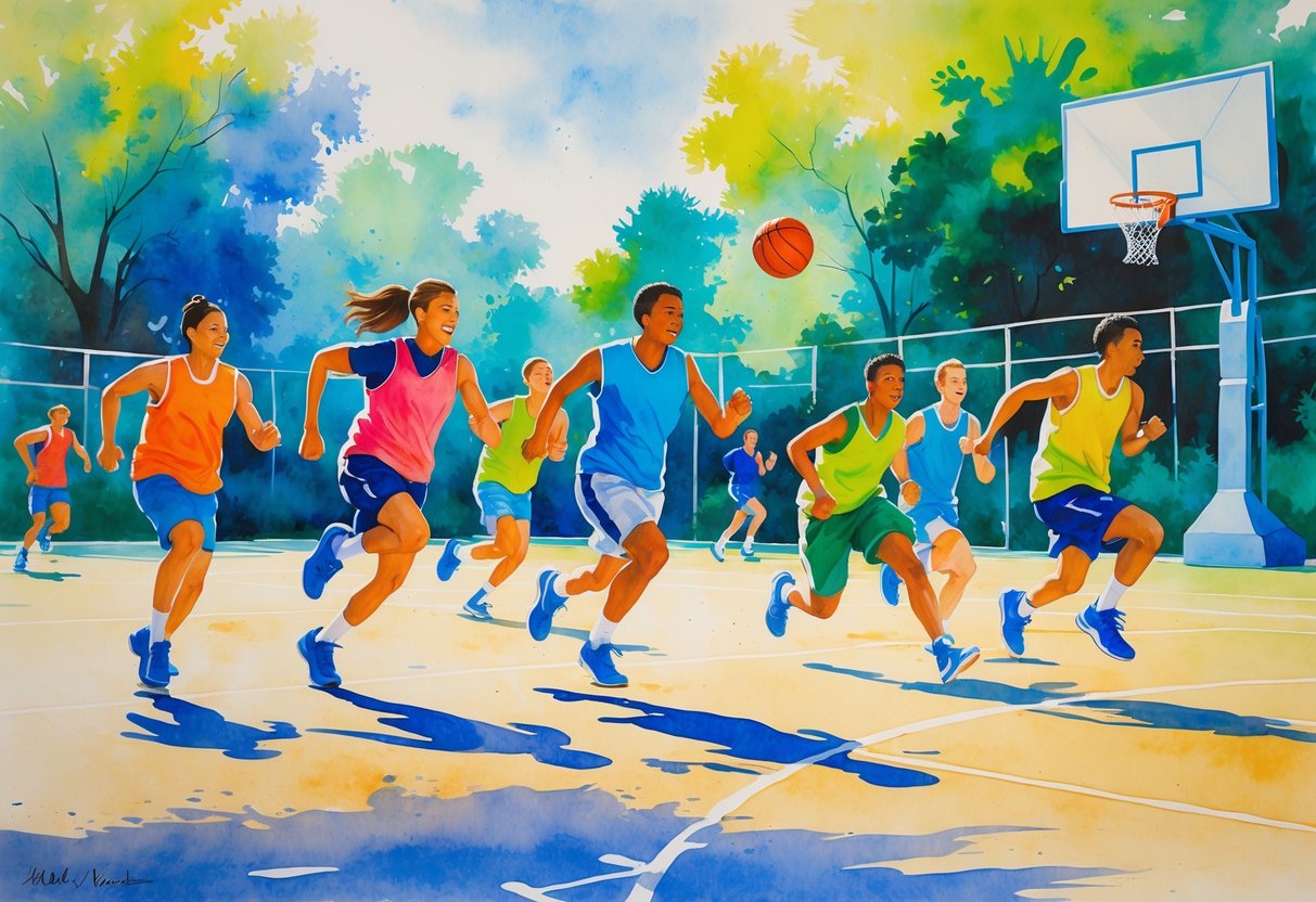 A group of people playing basketball on an outdoor court surrounded by trees.