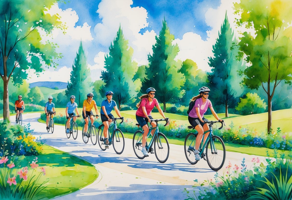 A group of people cycling along a winding path in a green park with trees, flowers, and hills under a blue sky.
