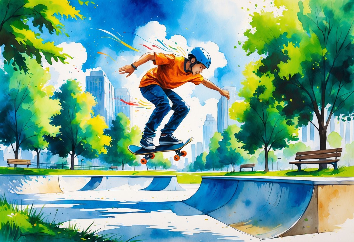 A young person performing a skateboard trick in a park with trees, a skate ramp, and buildings in the background.