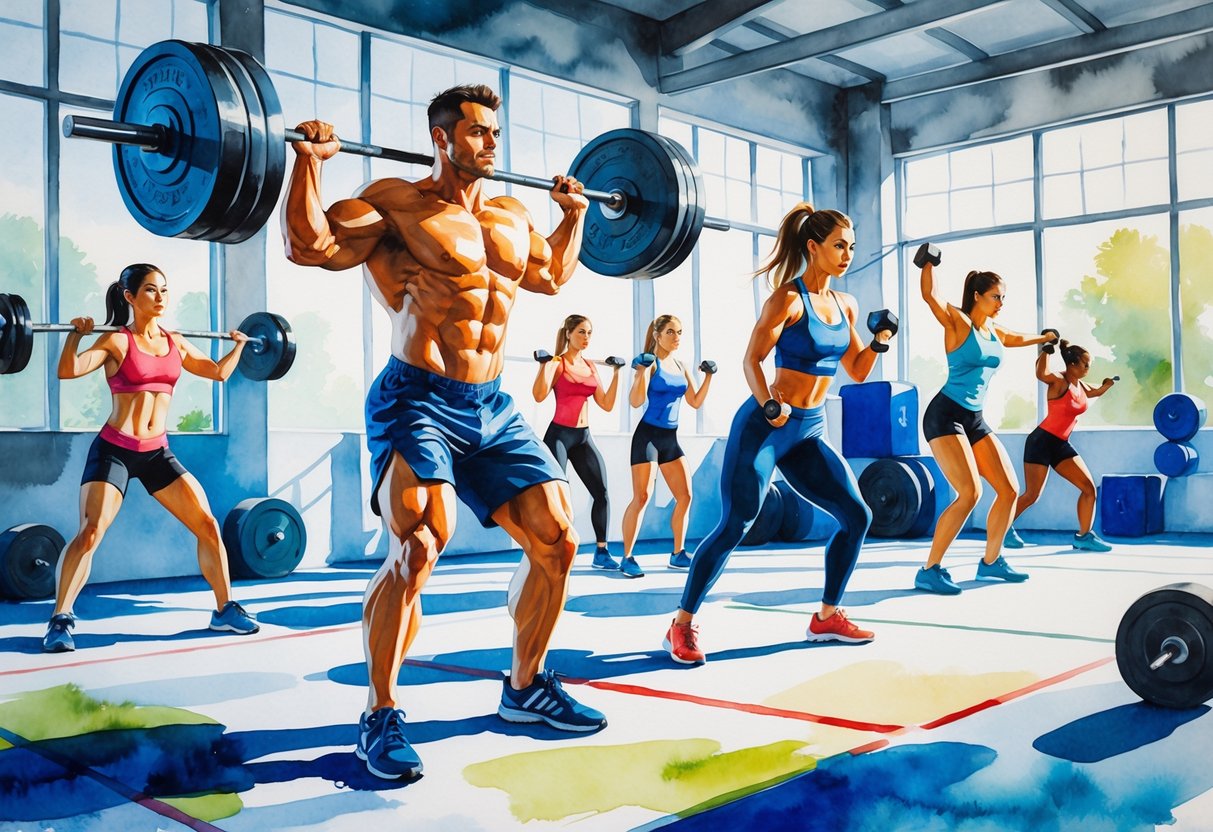 A group of people exercising together in a gym, lifting weights, swinging kettlebells, climbing ropes, and jumping on boxes.