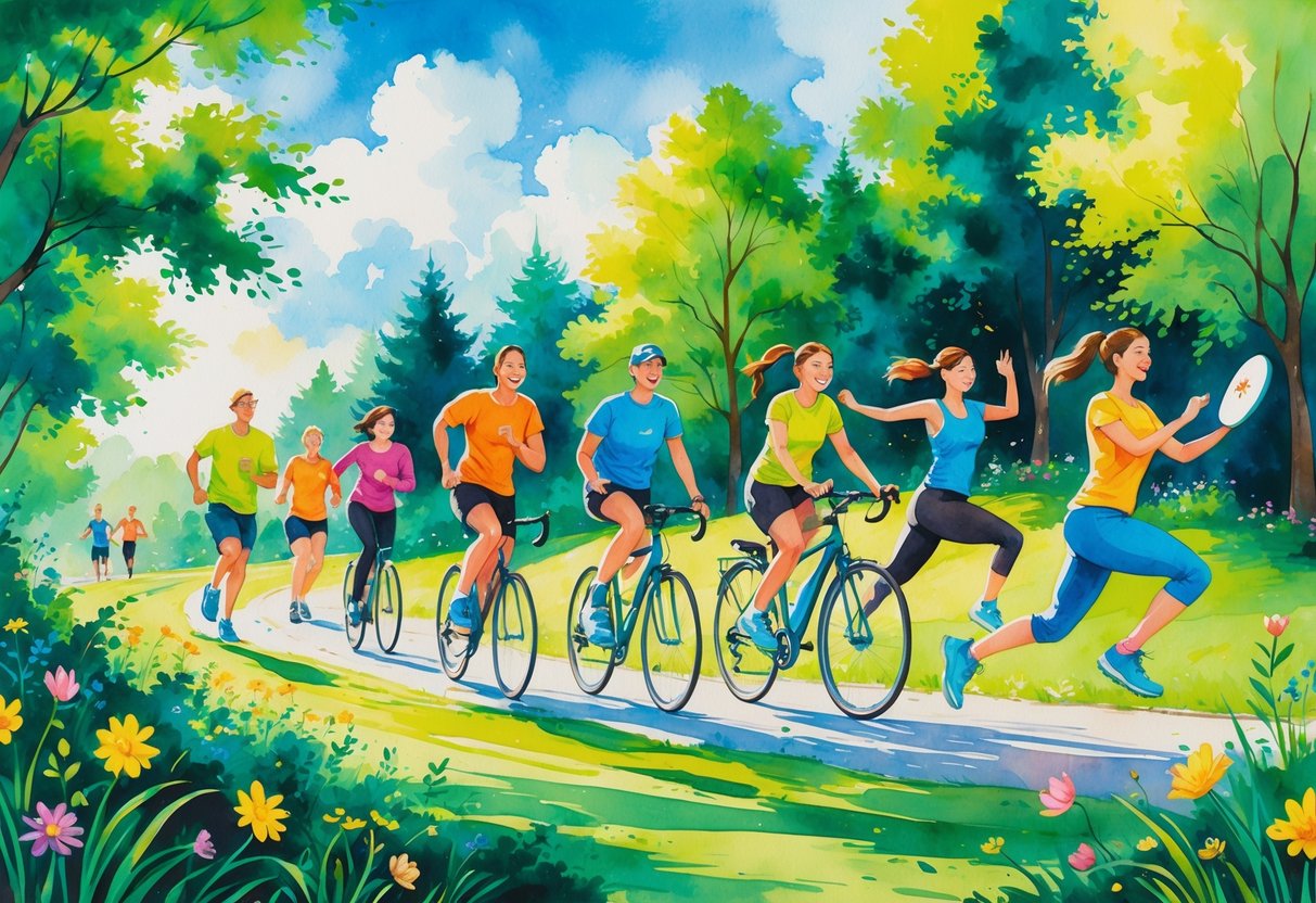 A group of people enjoying outdoor activities like jogging, cycling, yoga, and playing frisbee in a park surrounded by trees and flowers under a blue sky.