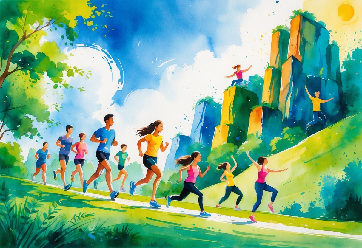 A lively outdoor scene showing people jogging, cycling, doing yoga, rock climbing, and dancing in a park with trees and hills.