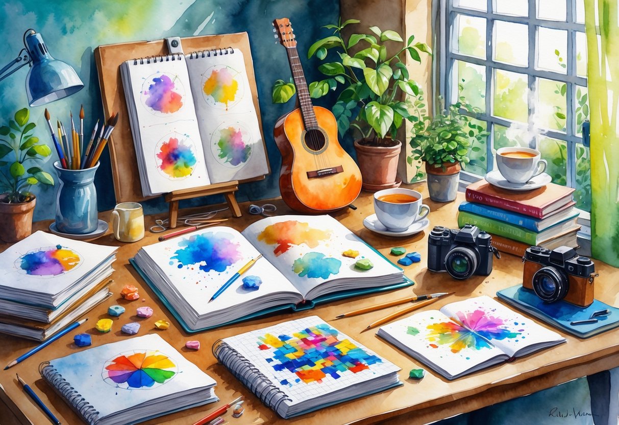 A cozy creative workspace with art supplies, a person playing guitar, plants, books, a camera, knitting materials, a puzzle, and a journal, all arranged invitingly on a table near a window.