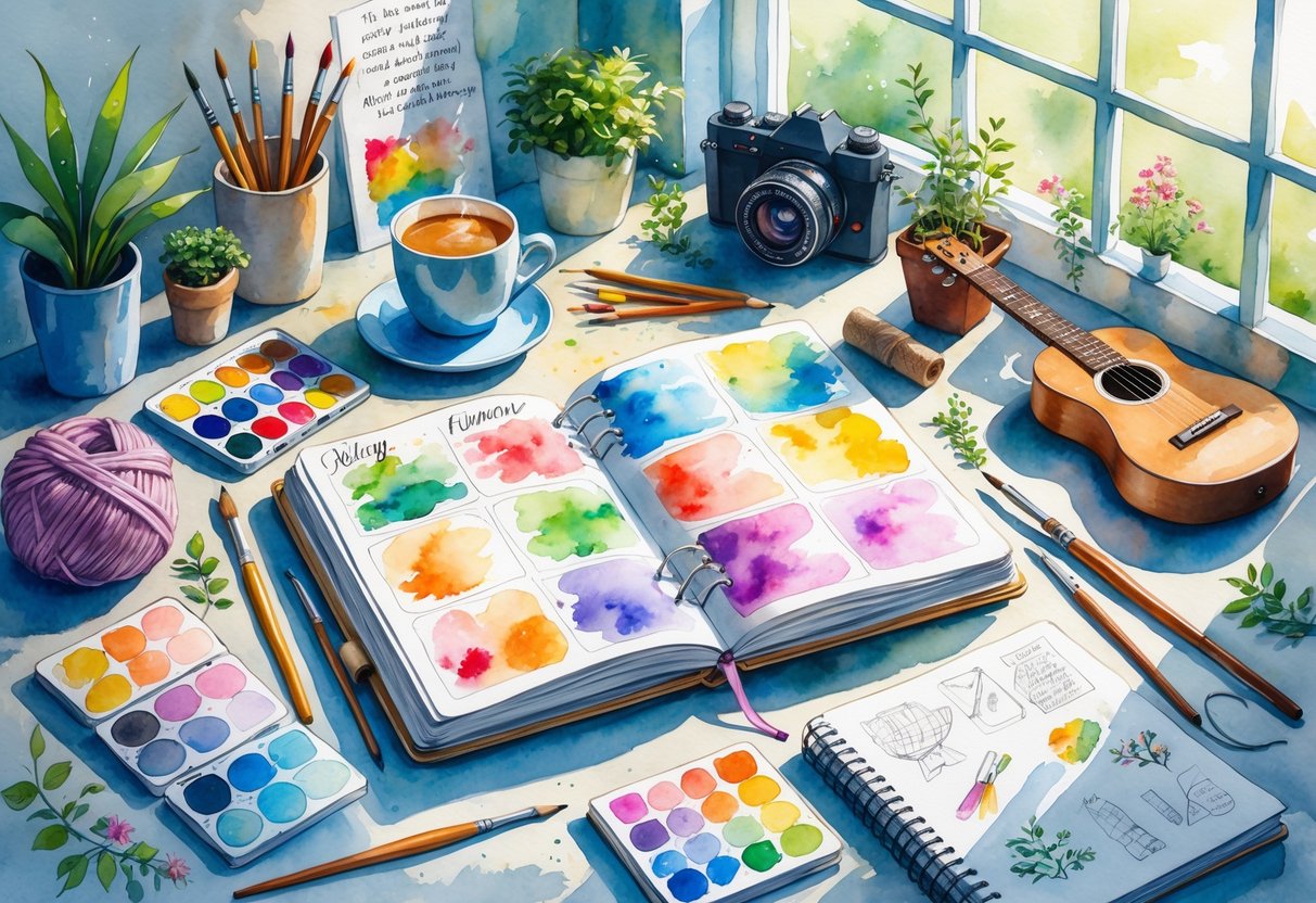 A cozy creative workspace with an open bullet journal surrounded by art supplies, plants, a cup of tea, knitting materials, a camera, books, a musical instrument, gardening tools, and a sketchbook.