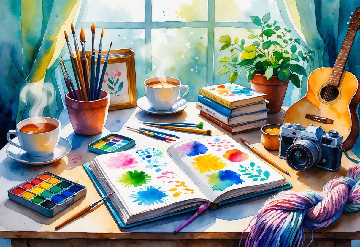 A cozy creative workspace with art supplies, a sketchbook, knitting needles, a camera, a guitar, books, a potted plant, and a cup of tea on a table near a window.