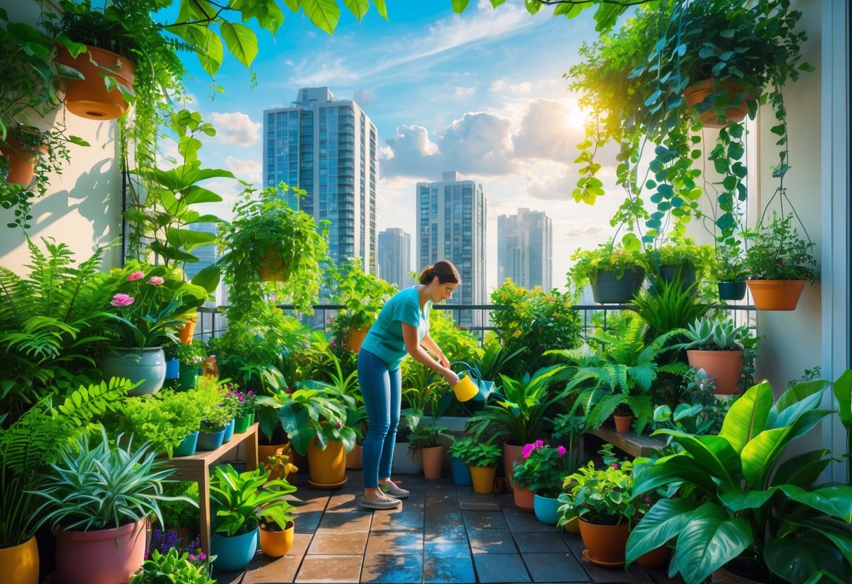 A person tending to a lush balcony garden filled with various green plants and colorful pots, with city buildings in the background.
