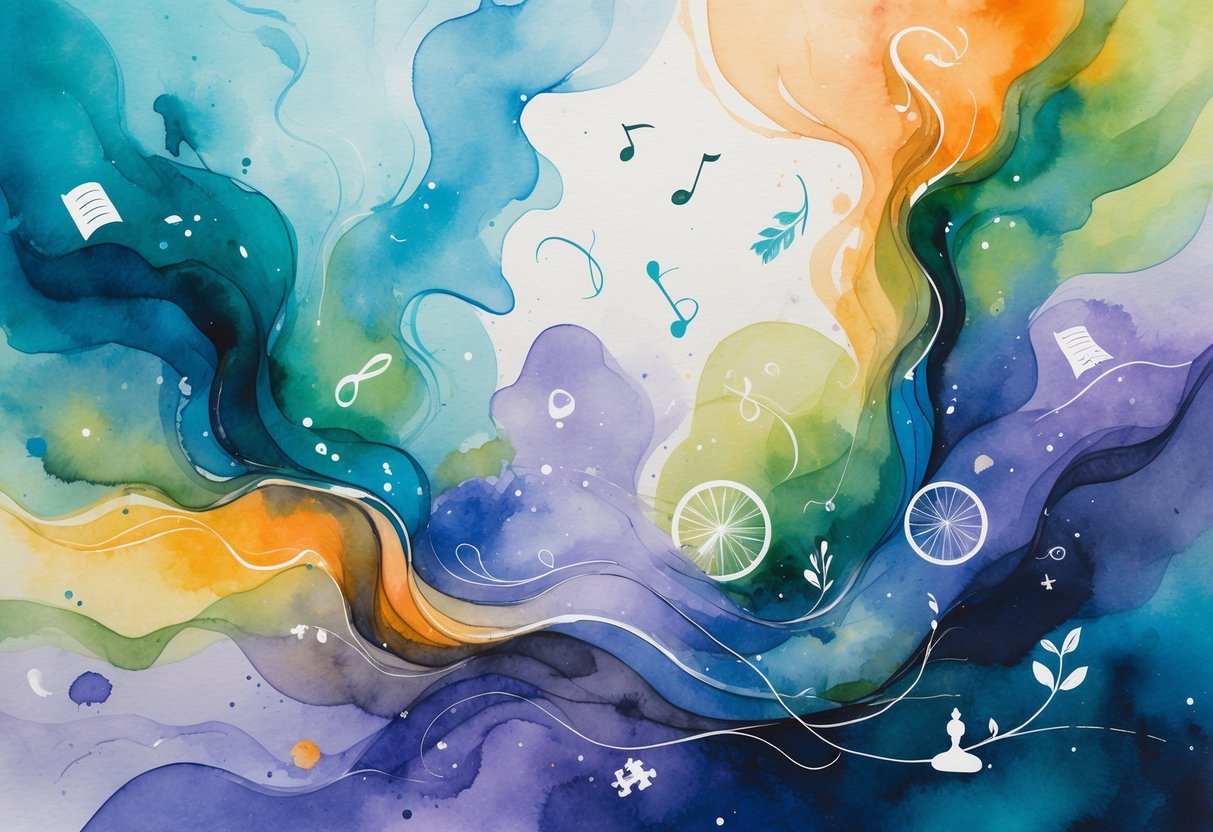 An abstract watercolor painting with flowing colors and subtle shapes representing various hobbies like painting, reading, knitting, music, cooking, photography, gardening, cycling, puzzles, and meditation.