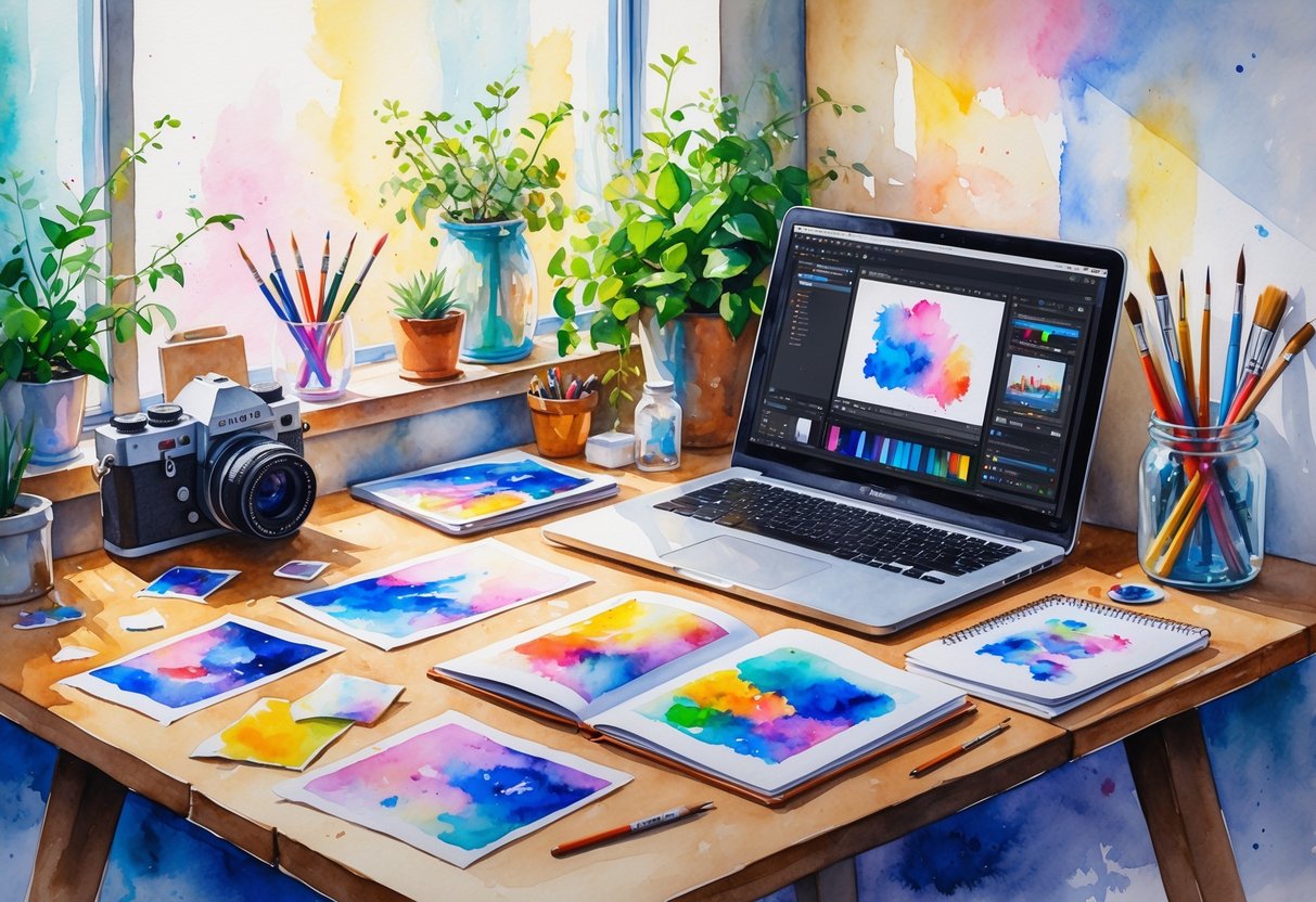 A cozy workspace with a vintage camera, photo prints, paintbrushes, a sketchbook, and a laptop on a wooden table near a window with plants around.