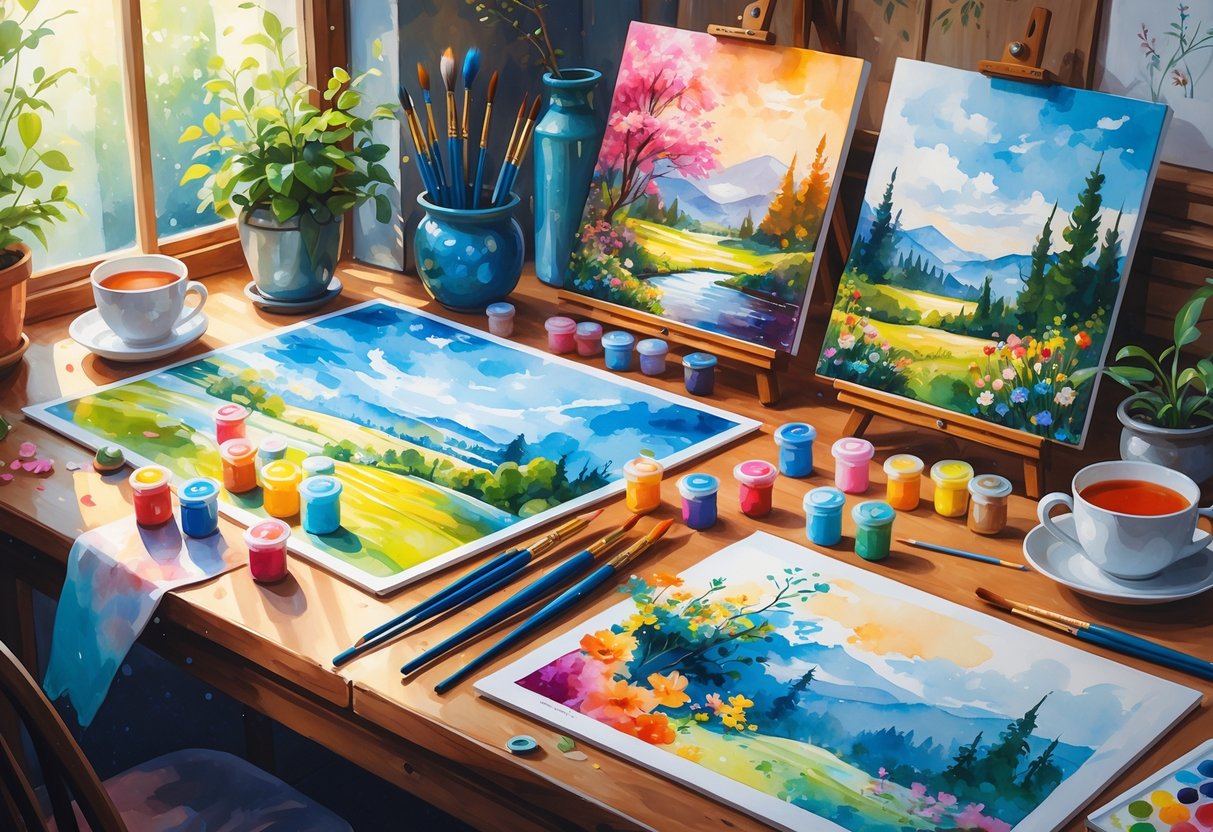 A cozy workspace with painting supplies, partially painted canvases, brushes, and a cup of tea on a wooden table near a window.