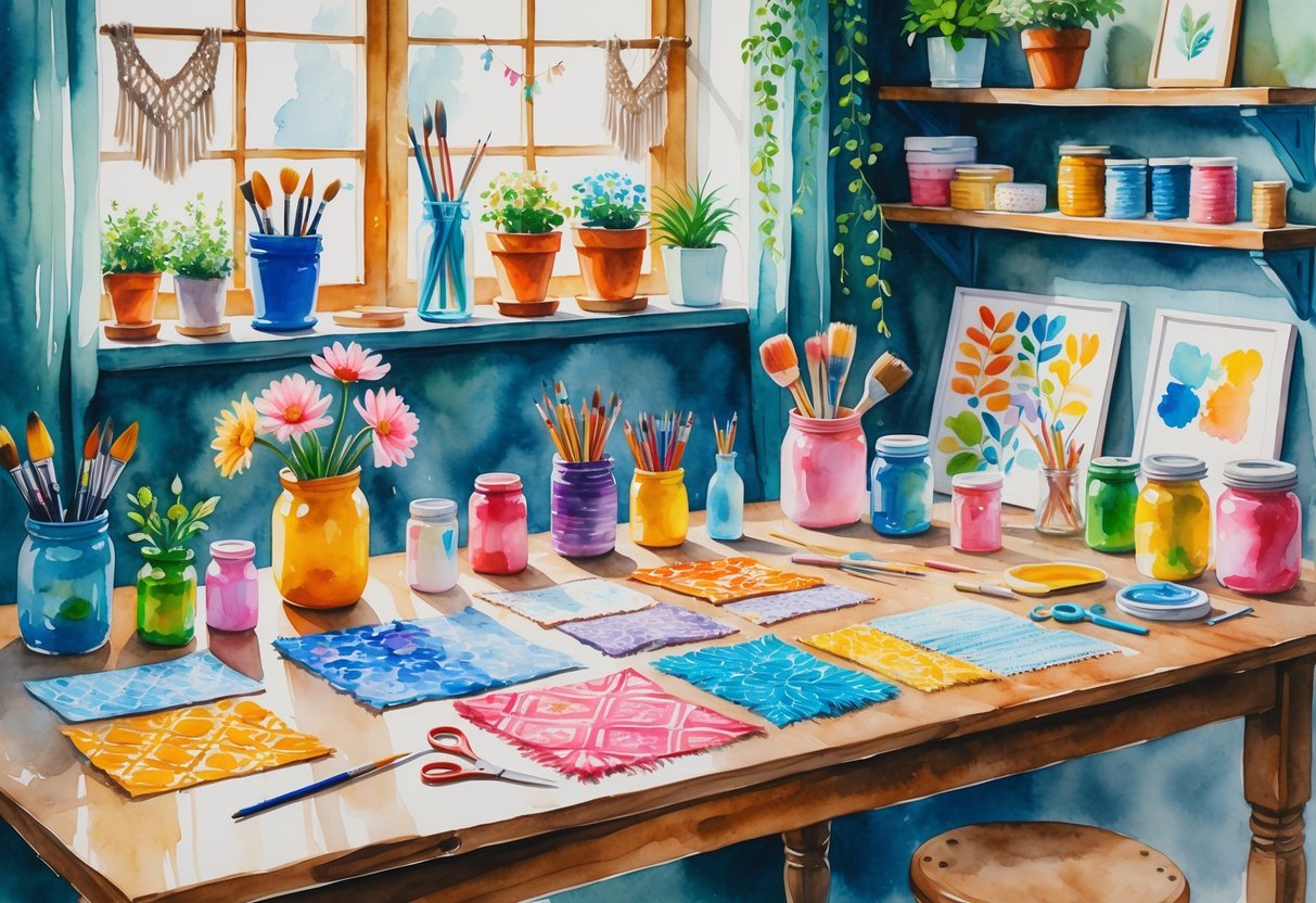 A cozy home workspace with handmade flower pots, macrame wall hangings, craft supplies, and potted plants on a wooden table near a window.