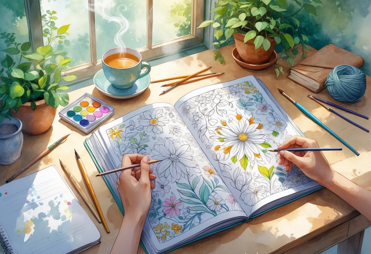 A cozy creative space with an open coloring book, colored pencils, watercolor paints, a cup of tea, a small plant, and hints of other relaxing hobbies on a wooden table.