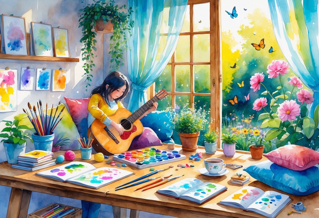 A cozy room with art supplies, a person playing guitar, knitting materials, and a garden visible through a window.