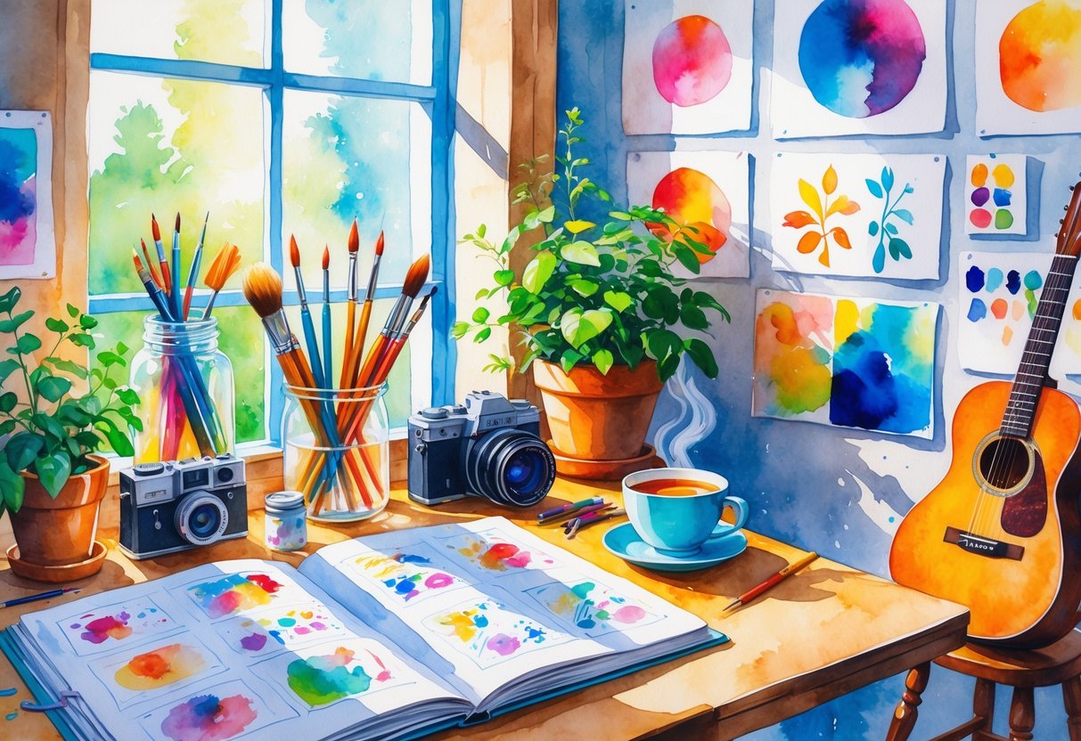A cozy workspace with art supplies, knitting yarn, a guitar, a camera, and a cup of tea near a window with soft light.