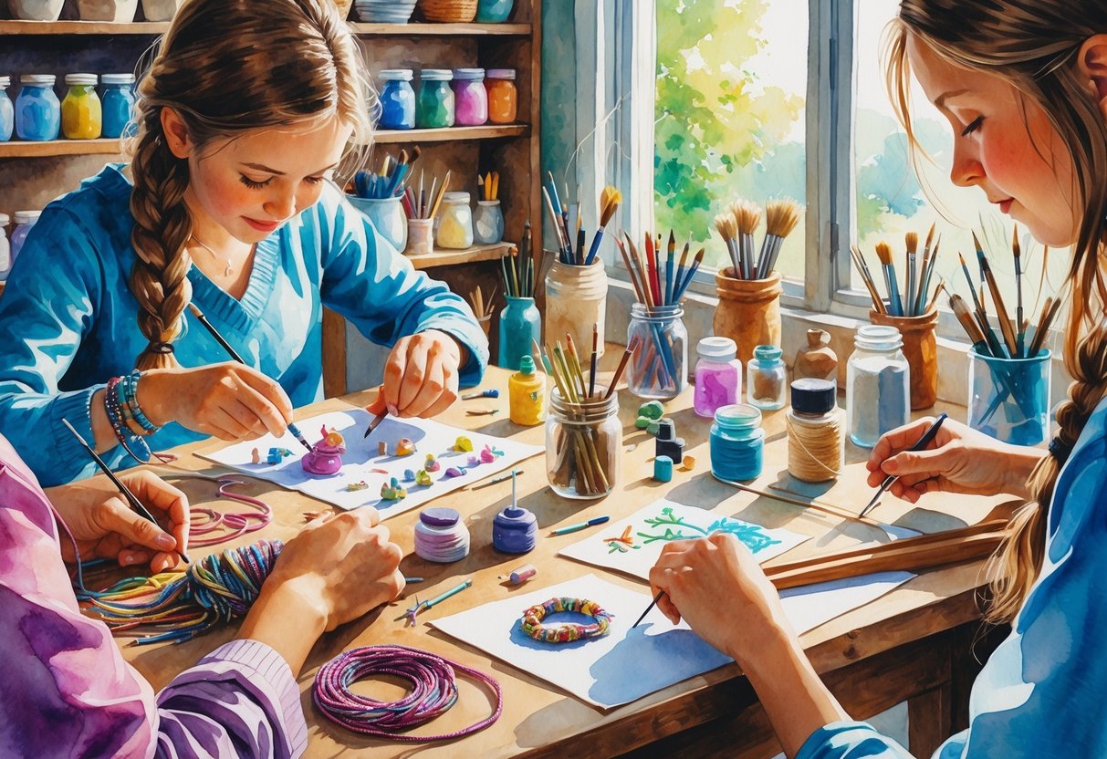 A cozy workspace showing hands engaged in various hobbies like knitting, painting miniatures, beadwork, calligraphy, puzzles, clay sculpting, sewing, playing guitar, wood carving, and folding origami on a wooden table.