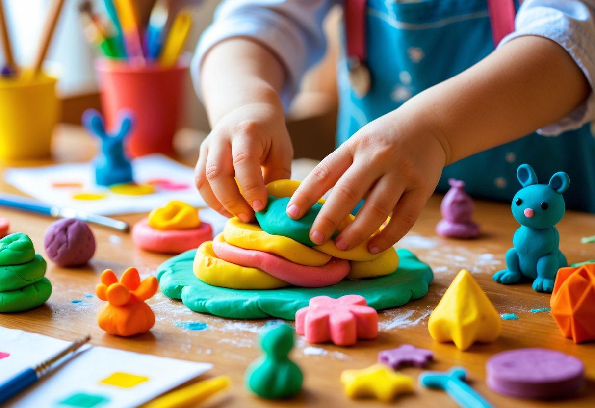 A child's hands shaping colorful play-dough into small sculptures on a table surrounded by art supplies.