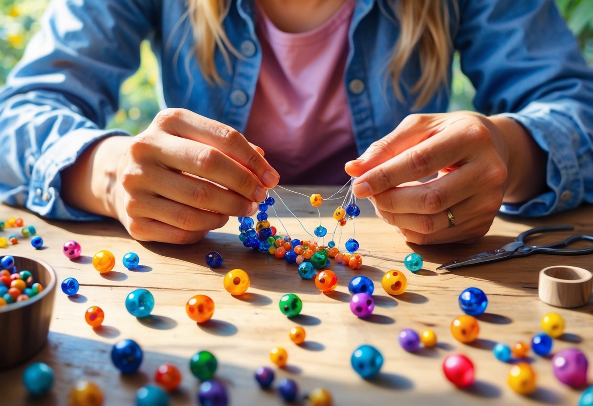 Close-up of hands threading colorful beads onto a string at a wooden table with scattered beads and tools.