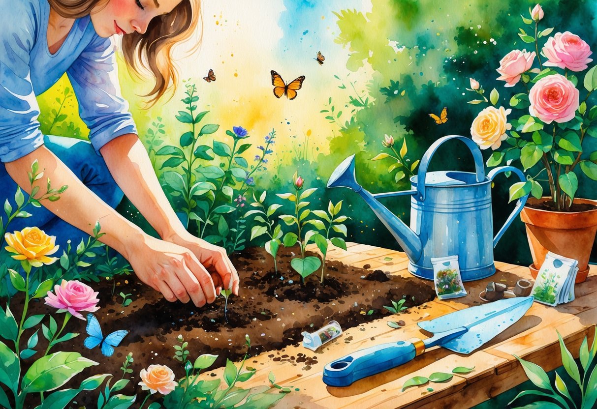 A garden scene with people planting seedlings, pruning flowers, and using gardening tools surrounded by colorful plants and insects.