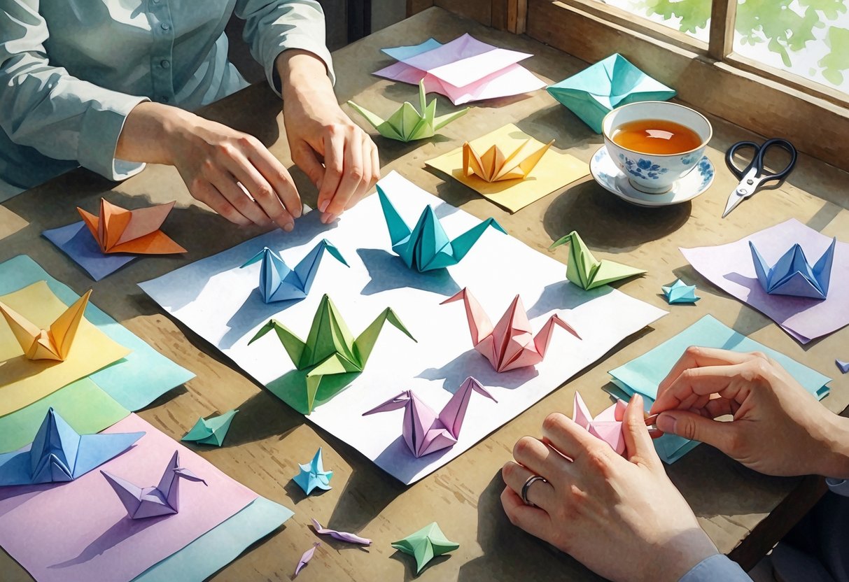Hands folding colorful origami paper into various shapes on a wooden table with scattered sheets and small scissors nearby.