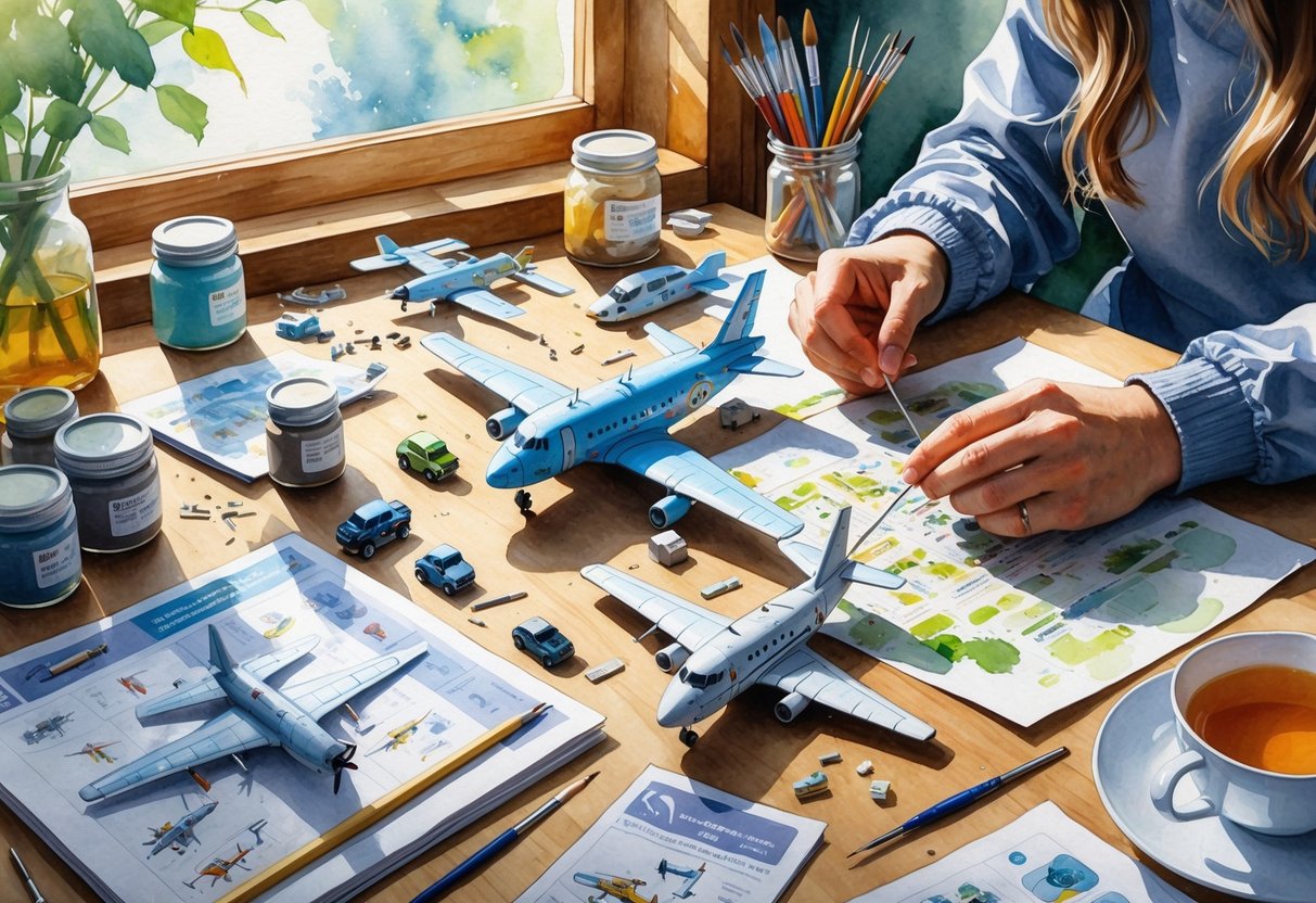 Hands assembling a miniature model kit on a table filled with small parts and tools in a cozy indoor setting.
