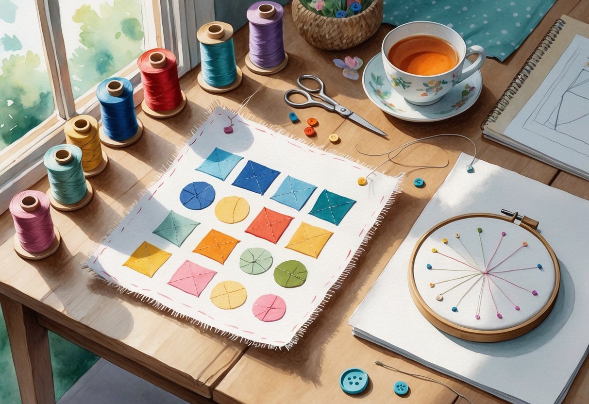A cozy sewing workspace with fabric pieces, thread spools, scissors, a pincushion, and an embroidery hoop on a wooden table near a window.
