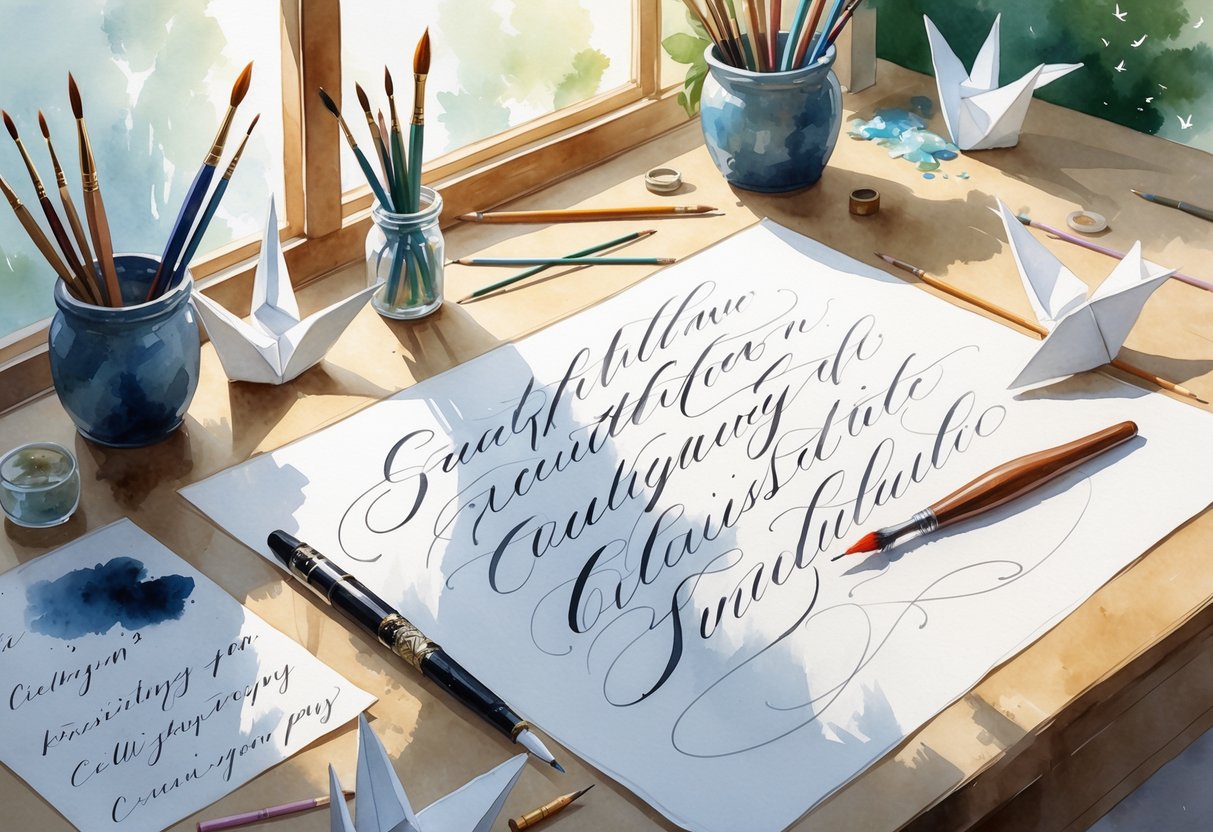 A peaceful workspace with calligraphy tools, knitting supplies, paintbrushes, and origami cranes arranged on a wooden table near a window.