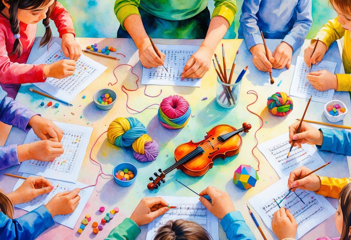 Hands of children and adults engaged in various activities like beading, painting, knitting, puzzle assembling, sculpting, writing, playing instruments, folding paper, sewing, and calligraphy.