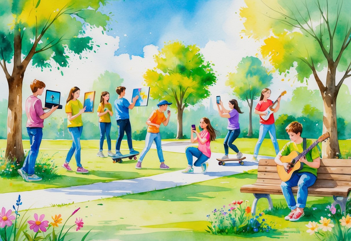 A group of young people enjoying various hobbies outdoors, including gaming, painting, reading, skateboarding, photography, yoga, playing guitar, gardening, cooking, and using a smartphone.