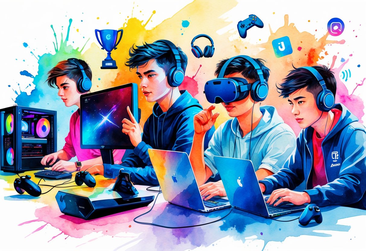 A group of young people engaged in various gaming activities including PC gaming, console gaming, virtual reality, and streaming, surrounded by gaming-related icons and equipment.