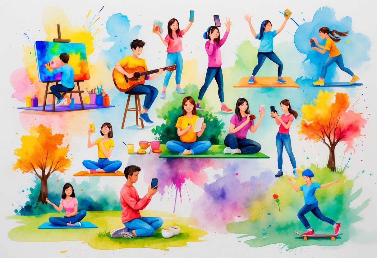 A colorful scene showing young people engaging in various hobbies like painting, playing guitar, gaming, yoga, photography, reading, cooking, skateboarding, crafting, and dancing.