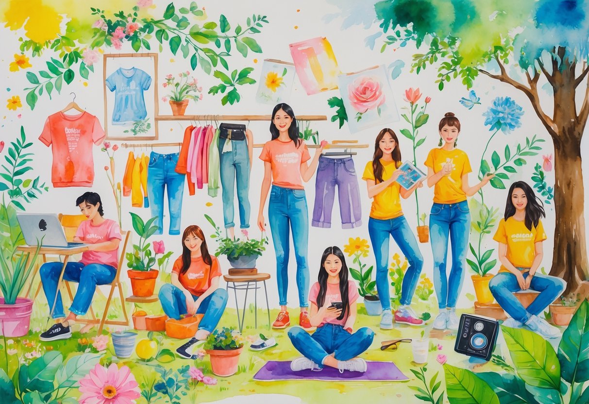 Young people engaged in various hobbies including sewing clothes, painting, thrifting, gardening, playing music, yoga, photography, skateboarding, reading, and coding in a natural outdoor setting.