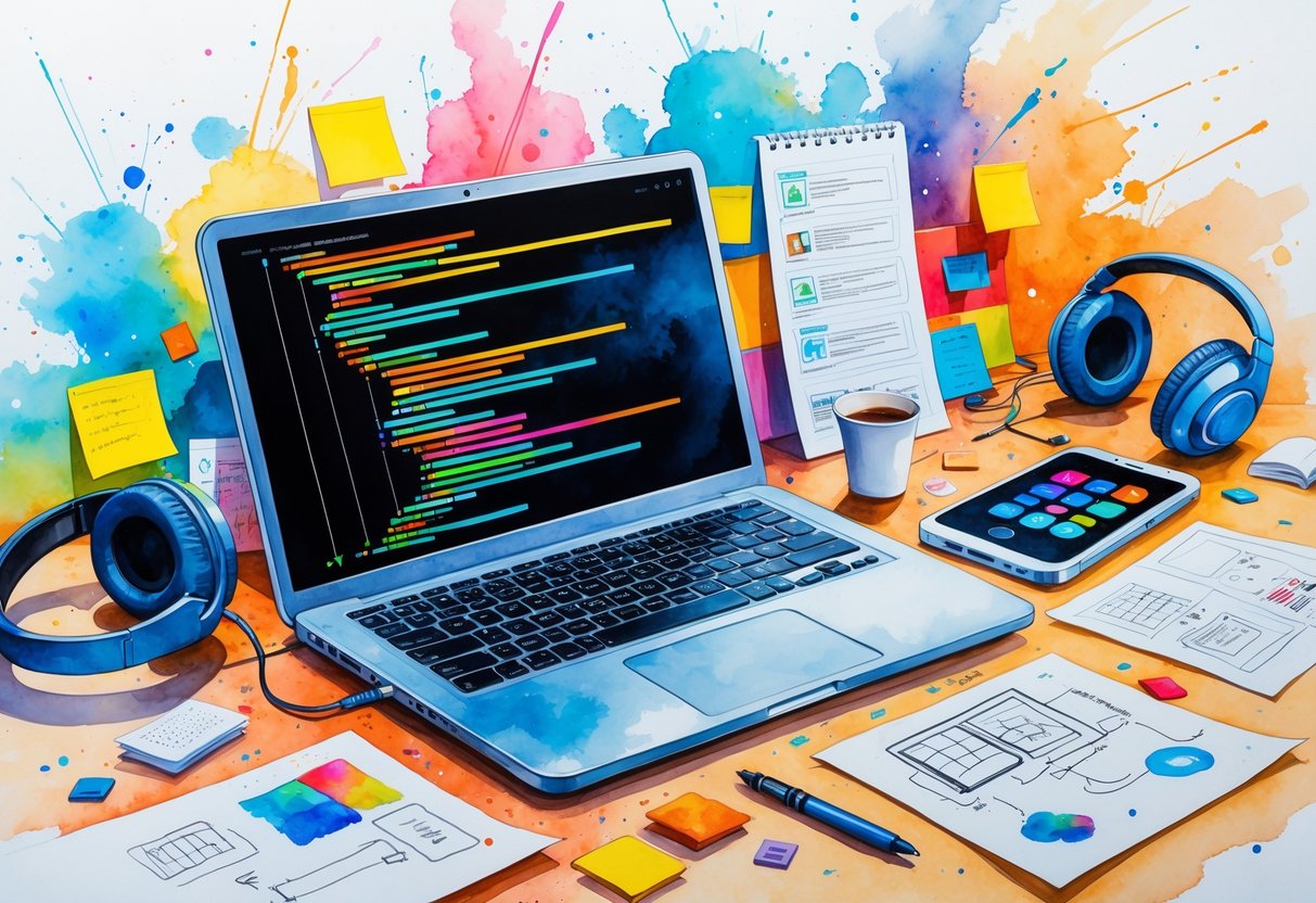 A workspace with a laptop showing code, sketches of app designs, a smartphone, headphones, and a coffee cup arranged on a table.