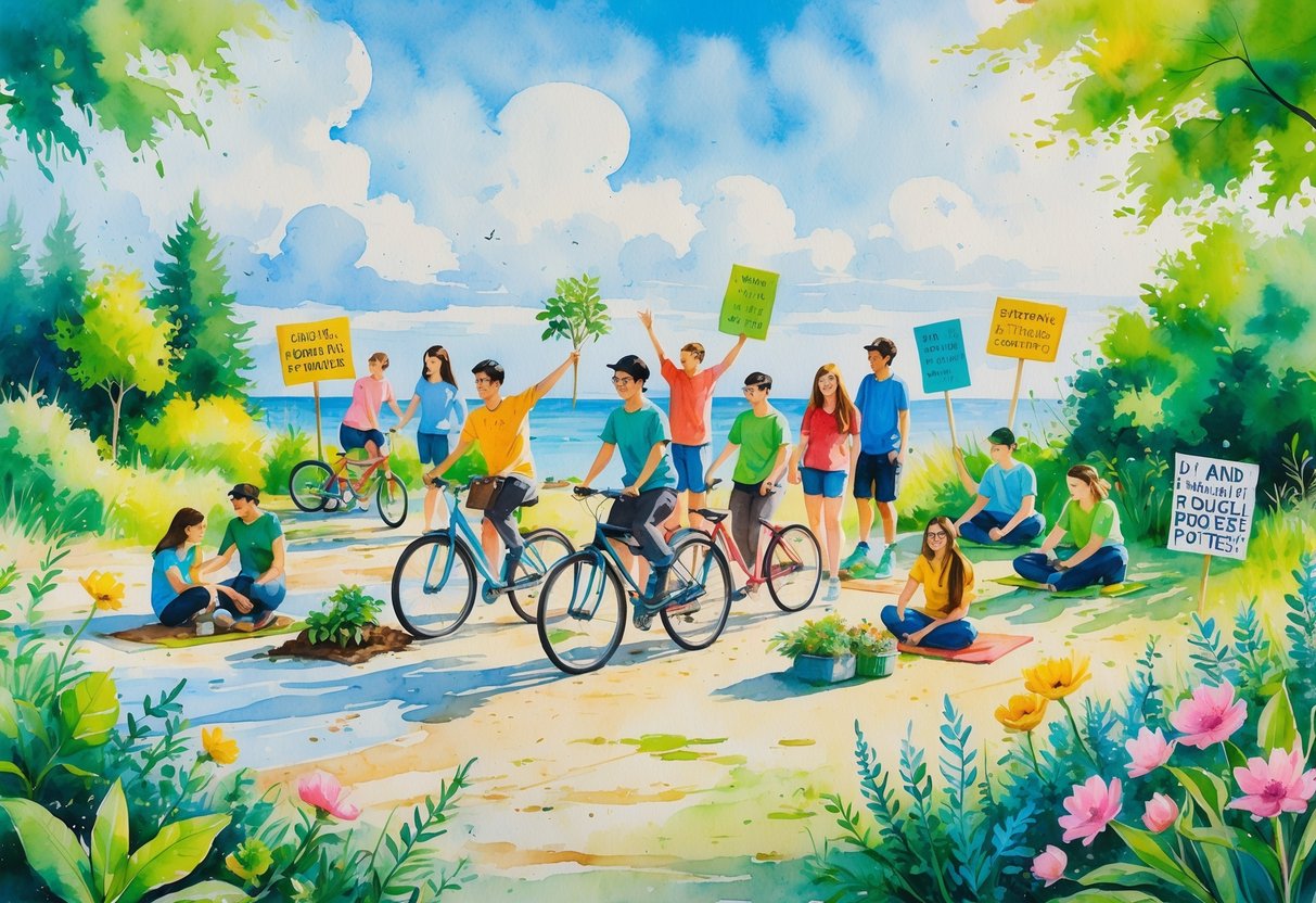 A group of diverse young people engaging in various outdoor activities like planting trees, biking, cleaning a beach, crafting, practicing yoga, reading, cooking, photographing nature, and peacefully protesting, surrounded by green plants and a blue sky.