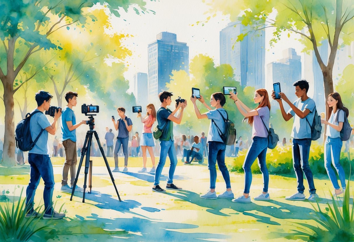 A group of young people outdoors using cameras, smartphones, and video equipment to take photos and record videos in a park setting.