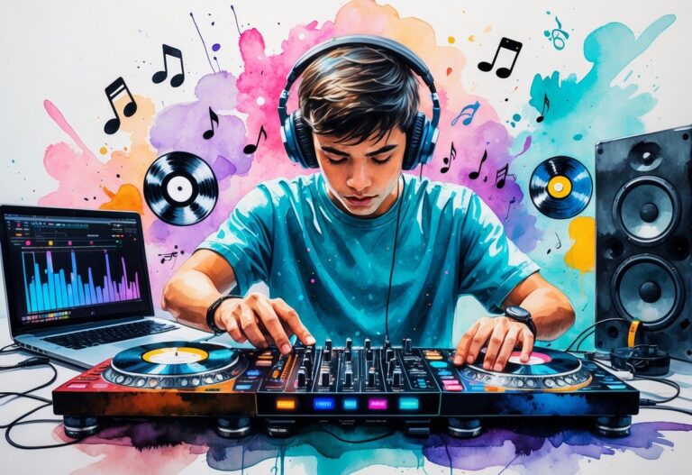 A young person using DJ equipment and a laptop in a music studio surrounded by vinyl records and speakers.