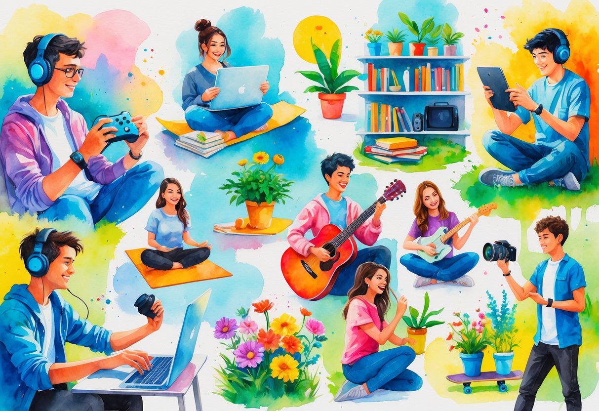 A group of young people enjoying various hobbies including gaming, digital art, reading, yoga, playing guitar, photography, gardening, cooking, skateboarding, and streaming.